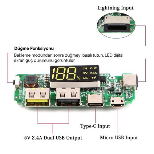 18650 Lityum Pil Şarj Modülü Dijital Göstergeli 5V2.4A 2A 1A Dual USB Çıkış