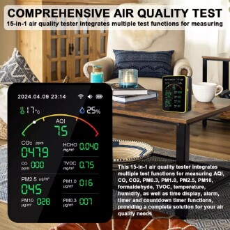 AEK-Tech 15'li AQI,TEMP,HUMI,CO2,HCHO,CO,TVOC,PM2.5,PM10,PM1.0,PM0.3 Dedektör Taşınabilir Ev Ofis Hava Kalitesi Ölçüm Cihazı - 3