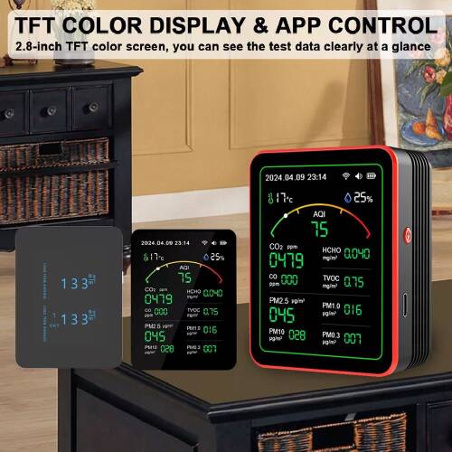 AEK-Tech 15'li AQI,TEMP,HUMI,CO2,HCHO,CO,TVOC,PM2.5,PM10,PM1.0,PM0.3 Dedektör Taşınabilir Ev Ofis Hava Kalitesi Ölçüm Cihazı - 6