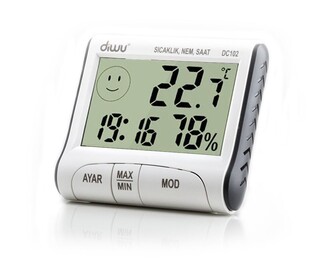 Diwu DC102 In-Out Thermometer Moisture Meter with Clock - Thumbnail