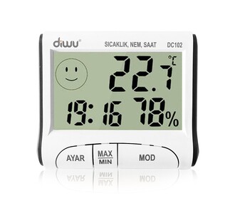 Diwu DC102 In-Out Thermometer Moisture Meter with Clock - Thumbnail