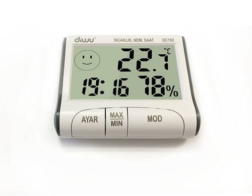Diwu DC102 In-Out Thermometer Moisture Meter with Clock