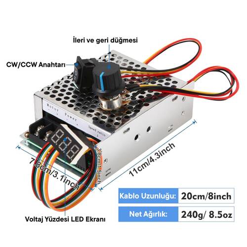 Dijital Göstergeli Takometreli Çift Yönlü İleri Geri DC Motor Hız Regülatörü 40A 12V24V36