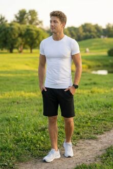 D'S Damat Men's Elastic Waist Sports Shorts Black Relaxed Fit Athletic Shorts with Side Pockets, Cotton Blend Stretch Fabric