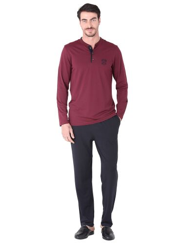 D'S Damat Erkek  Pijama Takımı Yarım Patlı Uzun Kol Bordo - 1