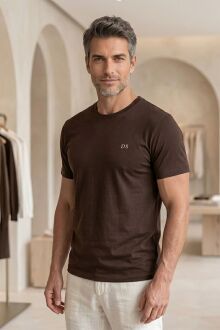 D'S Damat Erkek T-Shirt, Regular Fit Bisiklet Yaka Esnek Pamuklu Günlük Kısa Kollu Tişört Koyu Kahverengi