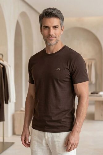 D'S Damat Erkek T-Shirt, Regular Fit Bisiklet Yaka Esnek Pamuklu Günlük Kısa Kollu Tişört Koyu Kahverengi - 1