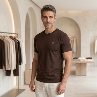 D'S Damat Erkek T-Shirt, Regular Fit Bisiklet Yaka Esnek Pamuklu Günlük Kısa Kollu Tişört Koyu Kahverengi - 5