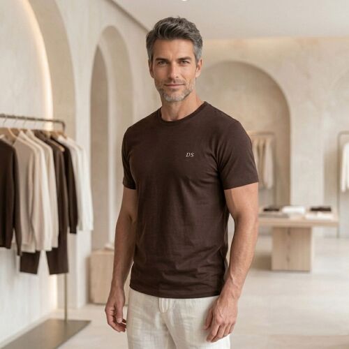D'S Damat Erkek T-Shirt, Regular Fit Bisiklet Yaka Esnek Pamuklu Günlük Kısa Kollu Tişört Koyu Kahverengi - 5