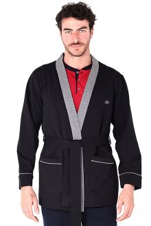 D'S Damat Men's Long-Sleeve Robe Sports with Pockets and Belt, Black