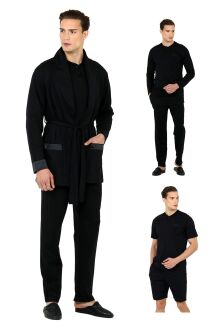 D'S Damat Satin Trim Buttoned 5-Piece Cotton Robe Set Groom Trousseau Collection Black