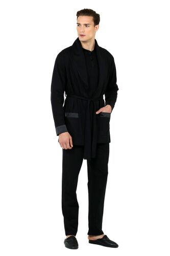 D'S Damat Saten Biyeli Patlı Erkek 5'li Penye Rob ve Pamuk Pijama Takımı Damat Sandığı Çeyiz Seti Siyah - 2