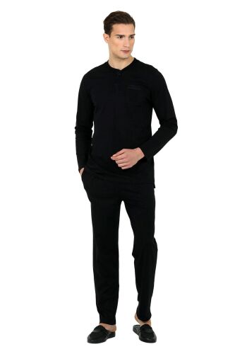 D'S Damat Saten Biyeli Patlı Erkek 5'li Penye Rob ve Pamuk Pijama Takımı Damat Sandığı Çeyiz Seti Siyah - 3