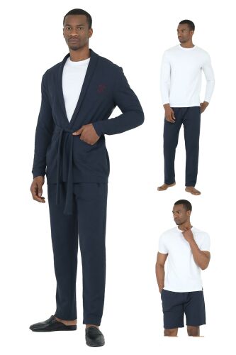 D'S Damat Waffle Erkek 5'li Rob ve Pijama Takımı Damat Sandığı Çeyiz Seti Lacivert - 1