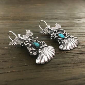 Firuze Taşlı Kuş Figürlü Gümüş Küpe Takımı - Thumbnail