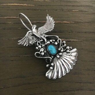 Firuze Taşlı Kuş Figürlü Gümüş Küpe Takımı - Thumbnail
