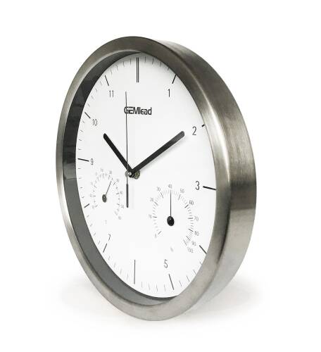 Gemlead Duvar Saati Termometre Nem Ölçer Beyaz Paslanmaz Çelik Gövde Sessiz Akar Saniye - 2