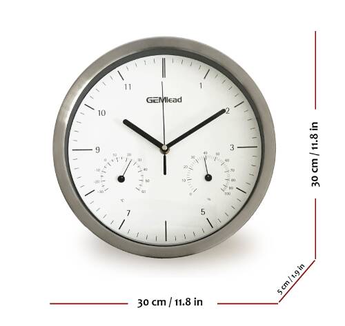 Gemlead Duvar Saati Termometre Nem Ölçer Beyaz Paslanmaz Çelik Gövde Sessiz Akar Saniye - 4