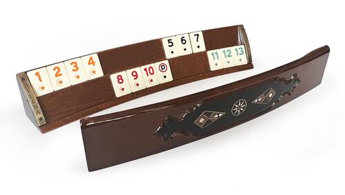 Handmade Elliptic Massive Wood Mosaic Inlaid Natural Black Veneer Rummikub Set, Rummy Cube Set, Okey Game Set