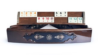 Handmade Elliptic Massive Wood Mosaic Inlaid Natural Black Veneer Rummikub Set, Rummy Cube Set, Okey Game Set - Thumbnail