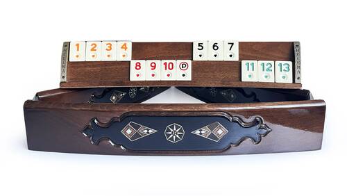 Handmade Elliptic Massive Wood Mosaic Inlaid Natural Black Veneer Rummikub Set, Rummy Cube Set, Okey Game Set