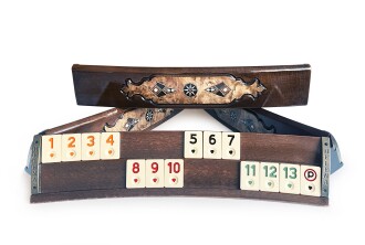 Handmade Elliptic Massive Wood Mosaic Inlaid Natural Burl Veneer Rummikub Set, Tile Rummy, Rummy Cube
