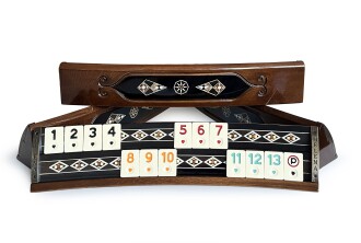 Handmade Elliptic Massive Wood Mosaic Inlaid Natural Black Veneer Rummikub Set, Rummy Cube Set, Okey Game Set, Tile Rummy