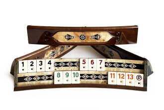 Handmade Elliptic Massive Wood Mosaic Inlaid Natural Burl Veneer Rummikub Set, Tile Rummy, Rummy Cube, Okey Game Set