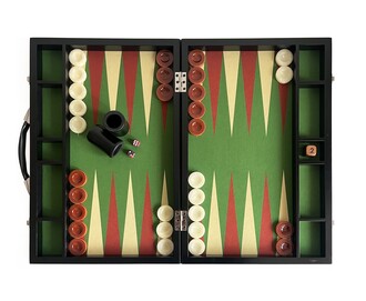 Helena Wood Art - Tournament Size Backgammon Set Green and Tan Fabric Ground Leather Case with Wooden Doubling Cube 22x29 inch (57x75cm)