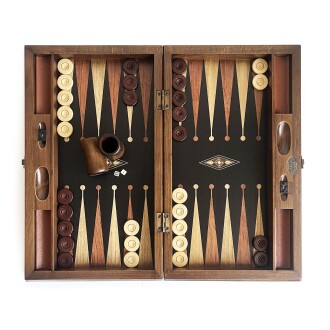 Klasik Geniş Tavla Siyah Mozaik Numeratörlü Masif Ahşap 