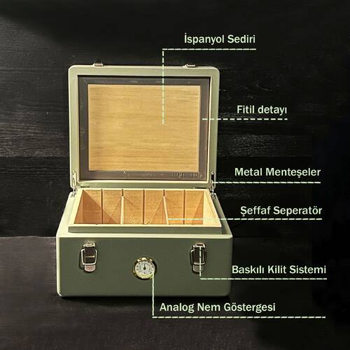 Mezmob İspanyol Sedir Humidor Puro Kutusu Baskı Kilitli Fitilli Haki Yeşil Lake Boya Analog