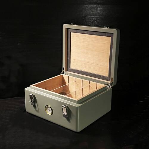 Mezmob İspanyol Sedir Humidor Puro Kutusu Baskı Kilitli Fitilli Haki Yeşil Lake Boya Analog