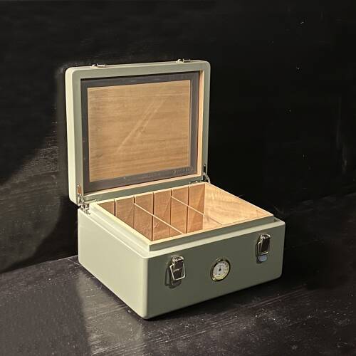 Mezmob İspanyol Sedir Humidor Puro Kutusu Baskı Kilitli Fitilli Haki Yeşil Lake Boya Analog - 1