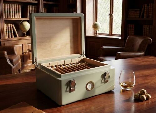 Mezmob İspanyol Sedir Humidor Puro Kutusu Baskı Kilitli Fitilli Haki Yeşil Lake Boya Analog - 1