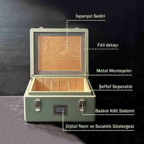 Mezmob İspanyol Sedir Humidor Puro Kutusu Baskı Kilitli Fitilli Haki Yeşil Lake Boya Dijital