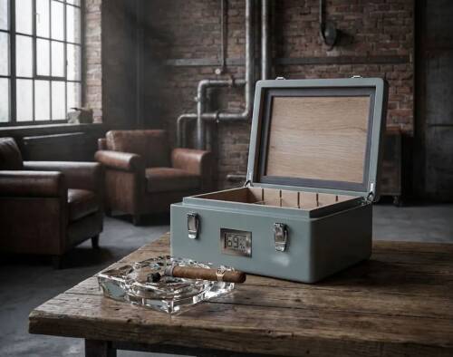 Mezmob İspanyol Sedir Humidor Puro Kutusu Baskı Kilitli Fitilli Haki Yeşil Lake Boya Dijital - 1