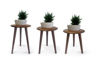 Mezmob Masif Kayın Tabure Sehpa 3'lü Set Saksılık Üç Ayaklı Yuvarlak Ceviz - 4