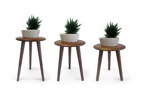 Mezmob Masif Kayın Tabure Sehpa 3'lü Set Saksılık Üç Ayaklı Yuvarlak Ceviz - 4