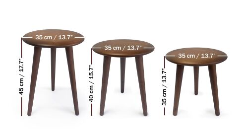 Mezmob Masif Kayın Tabure Sehpa 3'lü Set Saksılık Üç Ayaklı Yuvarlak Ceviz - 5