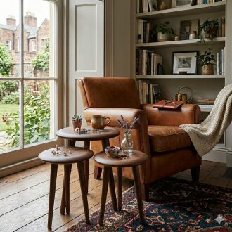 Mezmob Masif Kayın Tabure Sehpa 3'lü Set Saksılık Üç Ayaklı Yuvarlak Ceviz