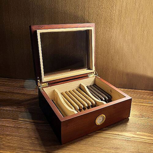 Mezmob Masif Yerli Sedir Ağacı Humidor Puro Kutusu Camlı 2 Bölmeli Analog - Defolu - 6