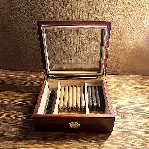 Mezmob Masif Yerli Sedir Ağacı Humidor Puro Kutusu Camlı 2 Bölmeli Analog - Defolu - 7