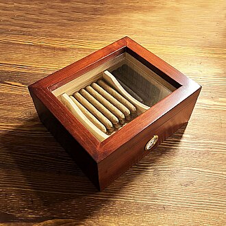 Mezmob Masif Yerli Sedir Ağacı Humidor Puro Kutusu Camlı 2 Bölmeli Analog - Defolu - 8