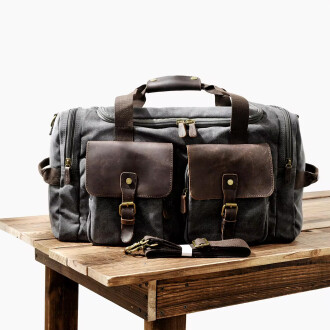 Retro Kanvas Deri Seyahat Spor Çantası (Gri) - 2