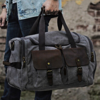 Retro Kanvas Deri Seyahat Spor Çantası (Gri) - 3