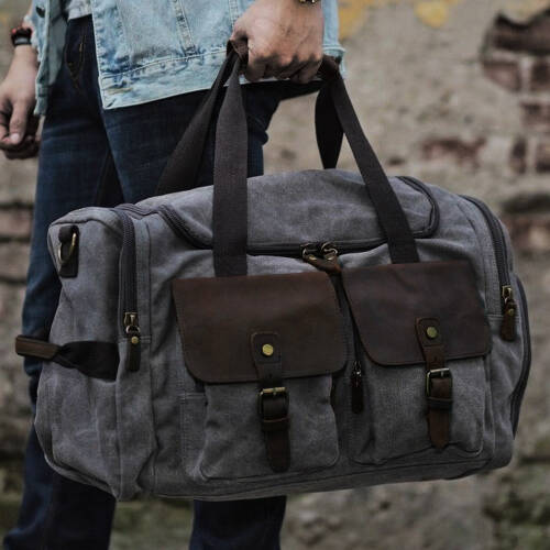 Retro Kanvas Deri Seyahat Spor Çantası (Gri) - 3