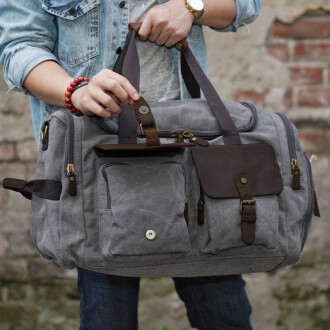 Retro Kanvas Deri Seyahat Spor Çantası (Gri) - 6