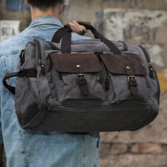Retro Kanvas Deri Seyahat Spor Çantası (Gri) - 7