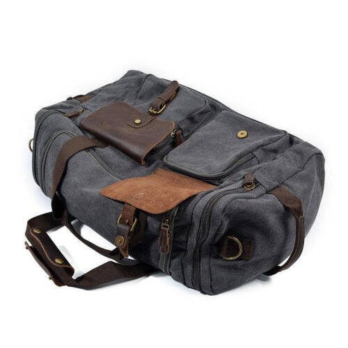 Retro Kanvas Deri Seyahat Spor Çantası (Gri) - 9