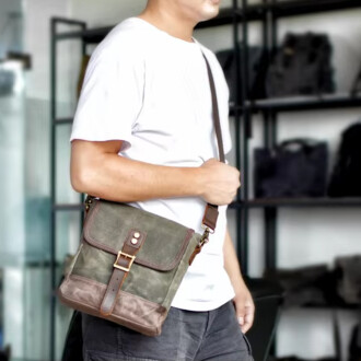 Retro Kanvas Gündelik Küçük Postacı Çanta Mumlu Su Geçirmez (Haki Yeşil) - 3